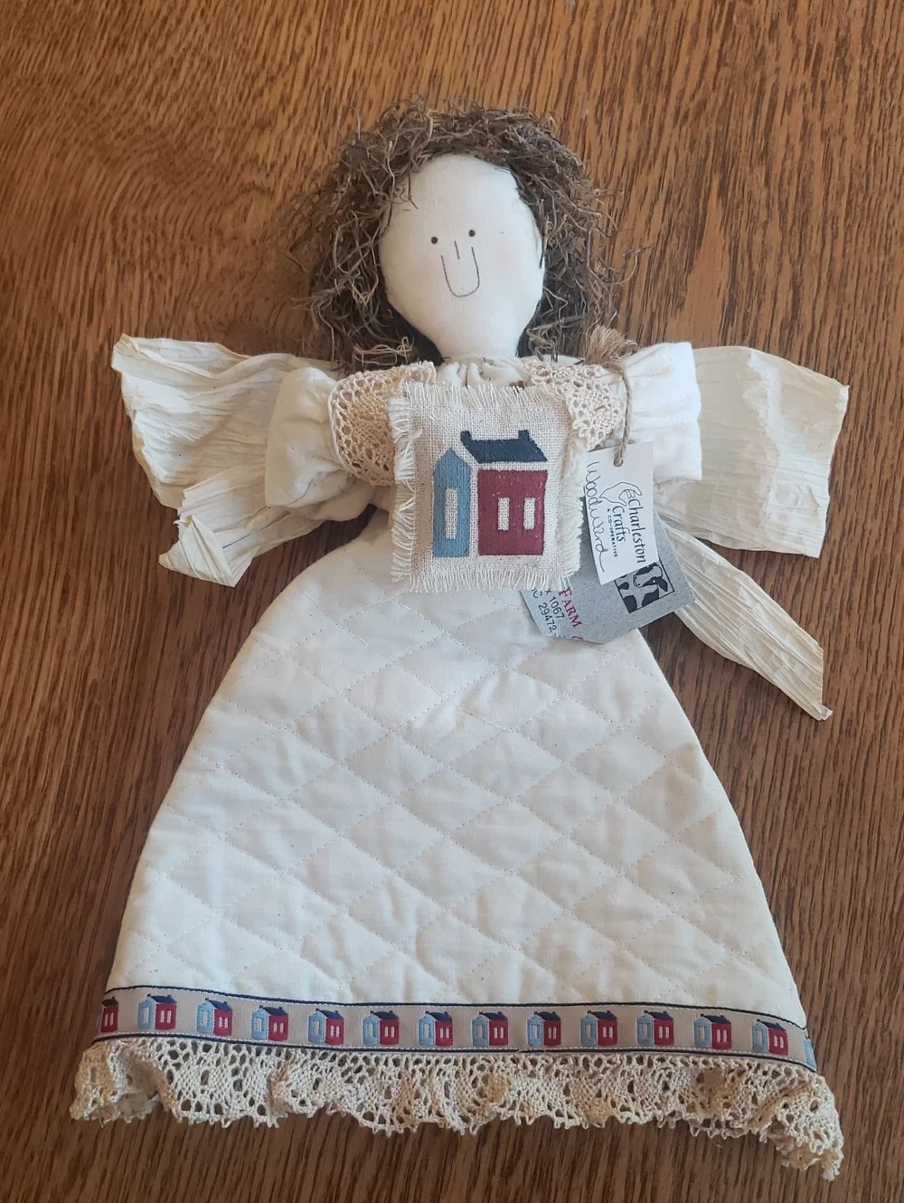 NWT Wine Bottle Cover/ Decor -Handcrafted Cream Angel with House Design